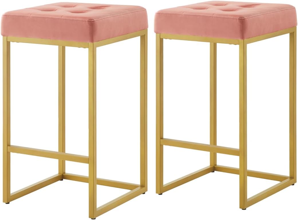 24KF Contemporary Counter Height Bar Stool Set of 2 for Kitchen Island, 26" H Velvet Padded Gold Barstool Bar Chair,5066-Blush