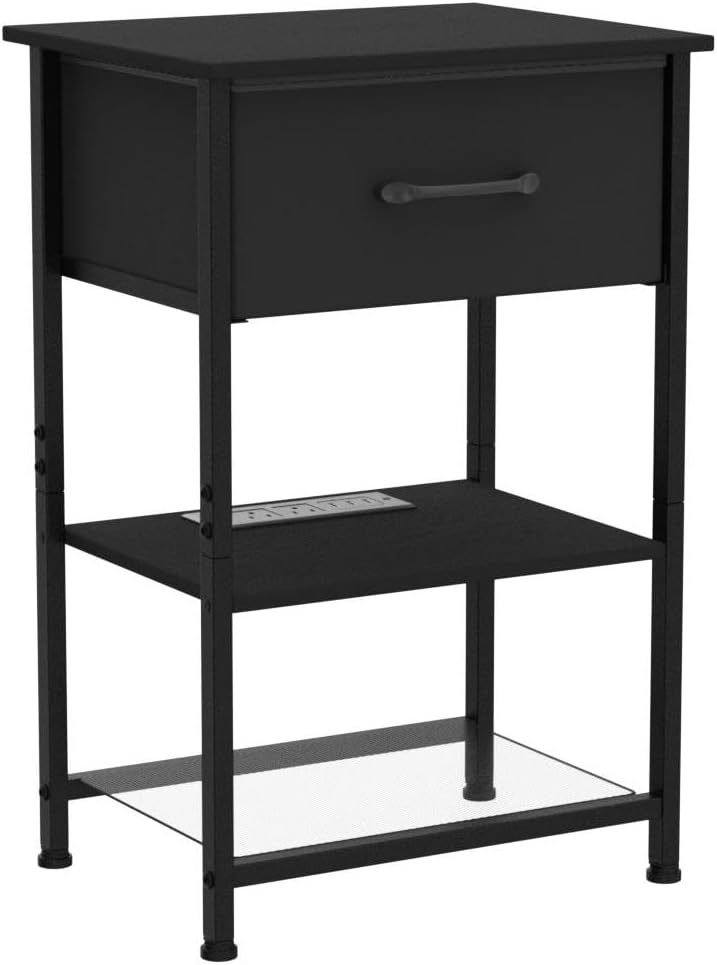 Nightstands Set of 2 with Charging Station and Drawer, End Table Side Table with 20 Colors LED Light Strip and 2 Layers Shelf for Bedroom Living Room Sofa (Black)