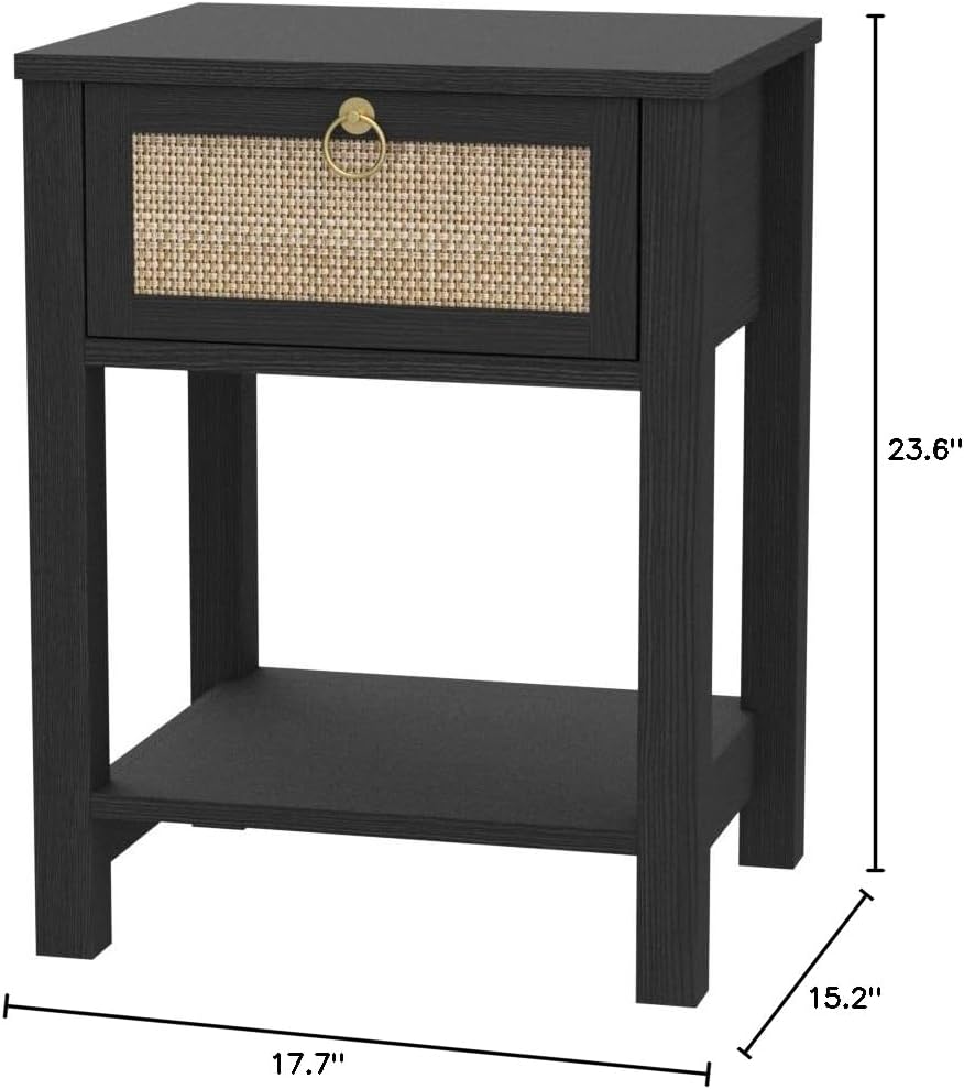 SICOTAS Rattan Nightstand, Rattan Decor Drawer with Brass Knobs Night Stand Bedside Table Boho End Tables Side Tables with Storage Shelf for Bedroom,Small Space