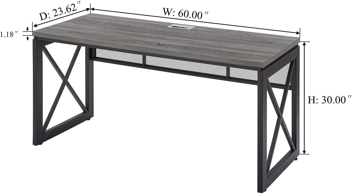 BON AUGURE Industrial Computer Desk, Rustic Wood Desks for Home Office, Sturdy Metal Writing Work Table (60 Inch, Dark Grey Oak)