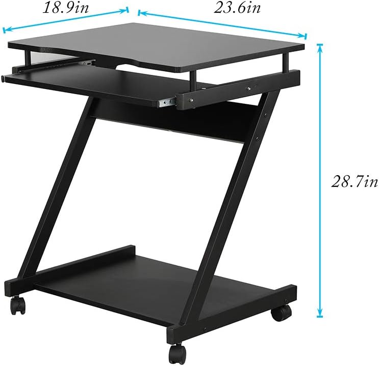 soges Small Rolling Computer Desk, Z Shape Laptop Desk Cart on Wheels, Mobile Computer Workstation for Home and Office with Keyboard Tray, Black
