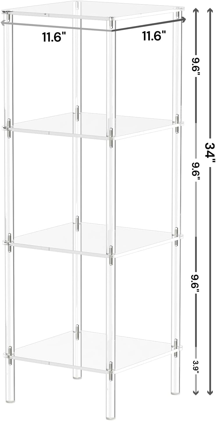 4 Tier Square Acrylic Bookshelf, Small Bookcase with Acrylic Fittings for Fixing to Wall, Corner Display Shelf for Living Room, Bedroom, Bathroom, Small Spaces, Clear, 11.6'' W x 34'' H