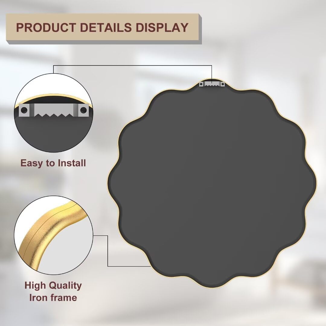 PROHOMEWARE Gold Round Mirror 20 Inch Wavy Bathroom Vanity Mirror Gold Frame Modern Wall Mirror Decorative Wall-Mounte Anti-Rust, Tempered Glass