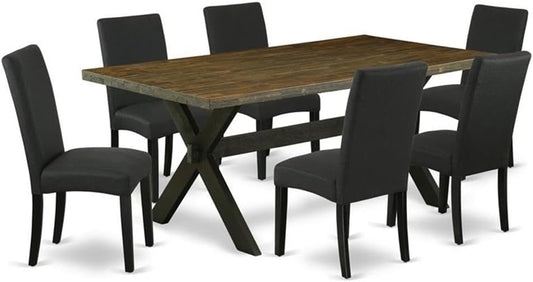 East West Furniture X677DR124-7 7 Piece Dining Room Furniture Set Consist of a Rectangle Dining Table with X-Legs and 6 Black Color Linen Fabric Upholstered Chairs, 40x72 Inch, Multi-Color