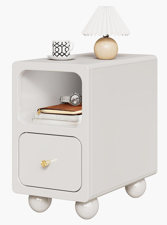 Solid Wood Night Stand, Narrow Nightstand with Drawers, White Mid Century Modern Nightstand, Small Beside Table with Open Storage Shelf for Bedroom (10 inch)