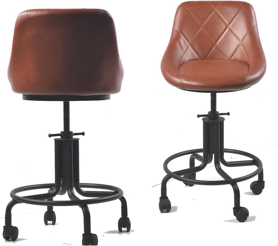 Topower Antique Industrial Design Metal Adjustable Height Kitchen Dining Breakfast Chair Industrial Style Bar Stool with Wheels, Fully Welded, Brown PU Leather Sea