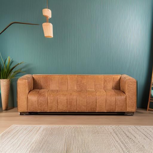 Poly & Bark Canale Leather Couch - 86 Inch Sofa - Full-Grain Channel Tufted Leather Sofa for Living Room - Living Room Couch - Pure Aniline Vintage Italian Leather in Cognac Tan