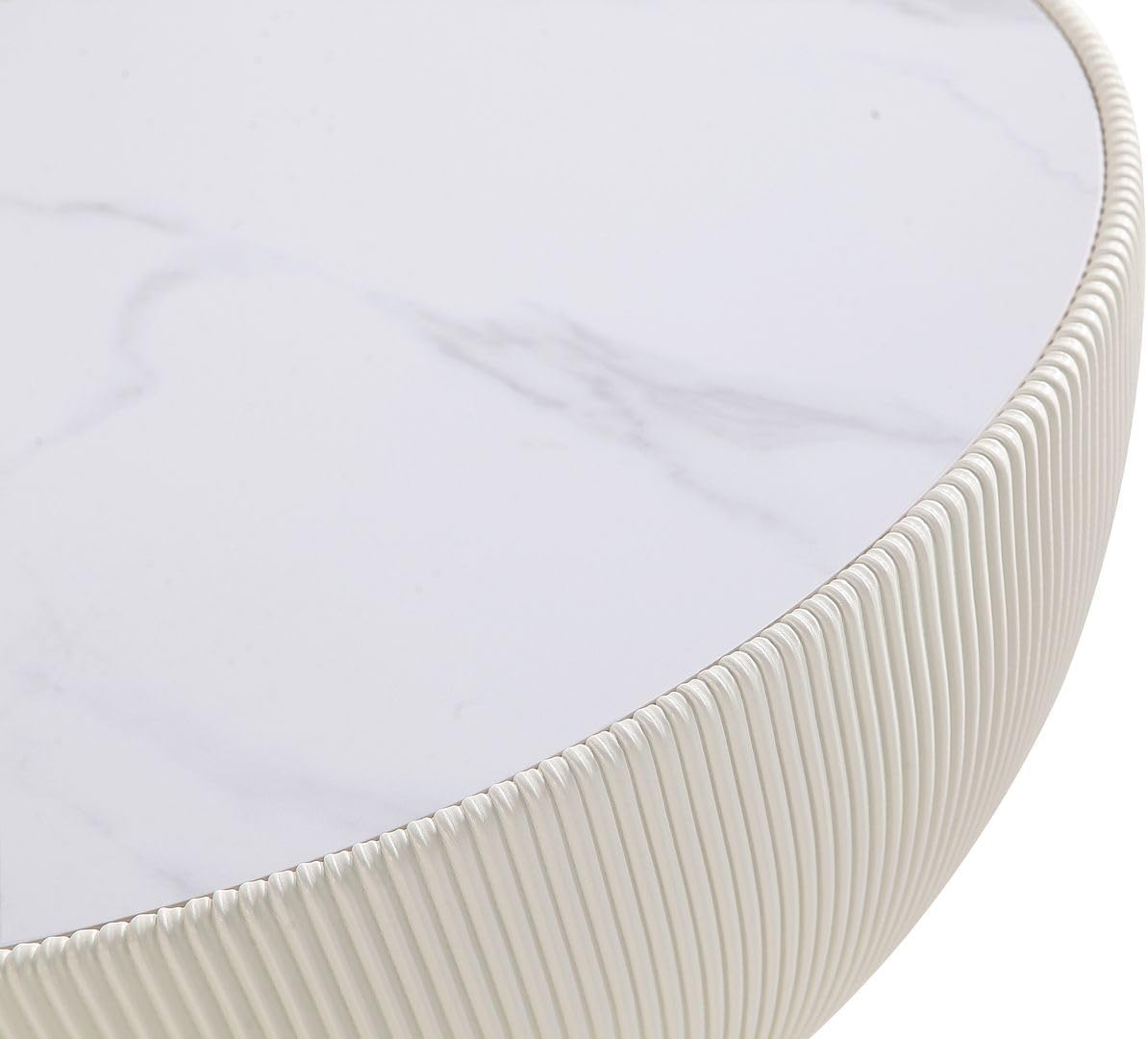 Manhattan Comfort Anderson Modern 28.15" Round Coffee Table 2.0 - Ceramic Marble Tabletop, Elegant Pleated Leatherette Details & Gold Base, Fully Assembled Accent Furniture, Set of 1, Cream