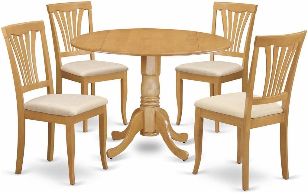East West Furniture DLAV5-OAK-C 5 Piece Kitchen Table & Chairs Set Includes a Round Dining Table with Dropleaf and 4 Linen Fabric Dining Room Chairs, 42x42 Inch, Oak