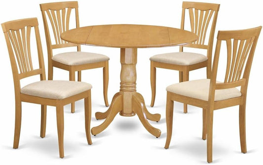 East West Furniture DLAV5-OAK-C 5 Piece Kitchen Table & Chairs Set Includes a Round Dining Table with Dropleaf and 4 Linen Fabric Dining Room Chairs, 42x42 Inch, Oak