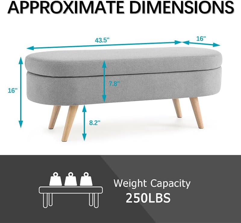Oval Storage Bench 43.5" Linen Fabric Upholstered Entryway Bench with Solid Wood Legs Ottoman Bench Indoor Bench for Living Room/Bedroom/End of Bed/Entryway (Grey)