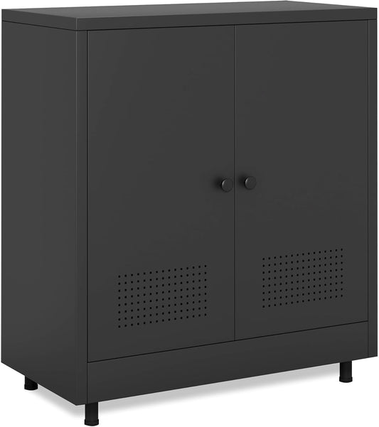Metal Storage Cabinet with 2 Doors and Adjustable Shelf, Steel Accent Sideboard Buffet Cabinet for Home, Office, Garage, Entryway, Living Room, Kitchen Pantry and Dining Room (Black)