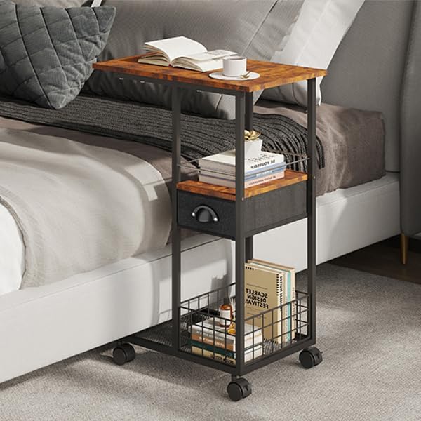 C Shaped Sofa Side Table: Couch End Table with Drawer - Bedside Table with Wheels - 19.7''L x 11.8''W x 28''H - C Mobile Tables with Storage Basket for Living Room Bedroom