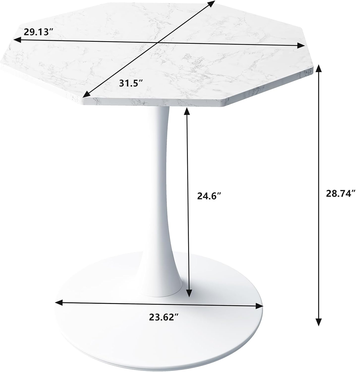 31.5 in Hexagonal Pedestal Dining Table for 2, Small Tulip Bistro Table with Metal Base, Space Saving Breakfast Nook Furniture for Home Cafe Apartment, Marble White