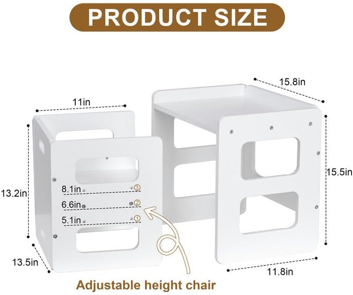 Montessori Weaning Table and Chair Set, Wooden Toddler Table and Chair Set, Adjustable Height Chair Step Stool,1-3 Year Old Kids Montessori Furniture-White