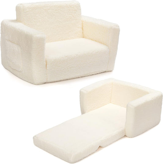 ALIMORDEN 2-in-1 Flip Out Cuddly Sherpa Kids Couch, Convertible Sofa to Lounger, Cream