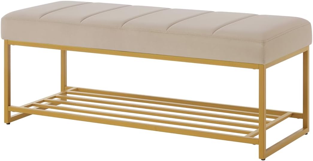 24KF Taupe Velvet Upholstered End of Bed Bench with Metal Shelf, Modern Tufted Channel Entryway Bench Footboard Bench for Living Room, Bedroom, Gold Bench,5036-Taupe