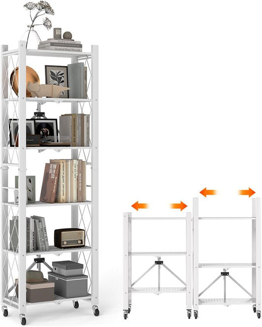 BAYOYONI 6 Tier Industrial Bookshelf - Storage Shelves with Two Usage Modes - Foldable Metal Bookshelves for Living Rooms, Offices, and Bedrooms (White, 6 Tier)