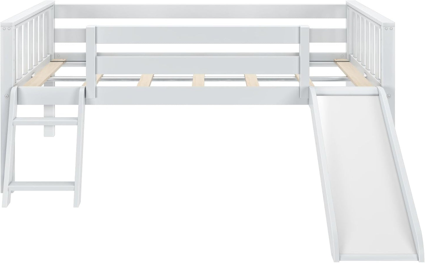 Max & Lily Twin Ultra Low Loft Bed with Slide and Climbing Ladder, Solid Wood Bed for Kids, Space Saving Design for Small Rooms, Twin Size Loft Bed with 14 Inch Guardrails, Anti Slip Steps, White