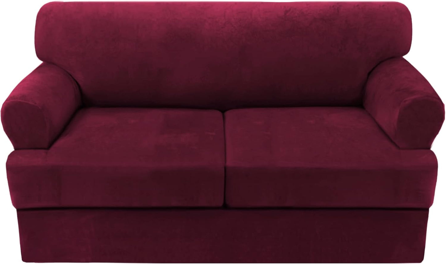 H.VERSAILTEX Sofa Cover 3 Piece T Cushion Loveseat Slipcovers Thick Velvet Couch Cover Furniture Protector Stretch T Cushion Sofa Covers for 2 Cushion Couch with 2 T Cushion Covers Washable, Burgundy