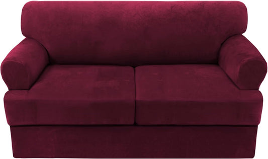 H.VERSAILTEX Sofa Cover 3 Piece T Cushion Loveseat Slipcovers Thick Velvet Couch Cover Furniture Protector Stretch T Cushion Sofa Covers for 2 Cushion Couch with 2 T Cushion Covers Washable, Burgundy