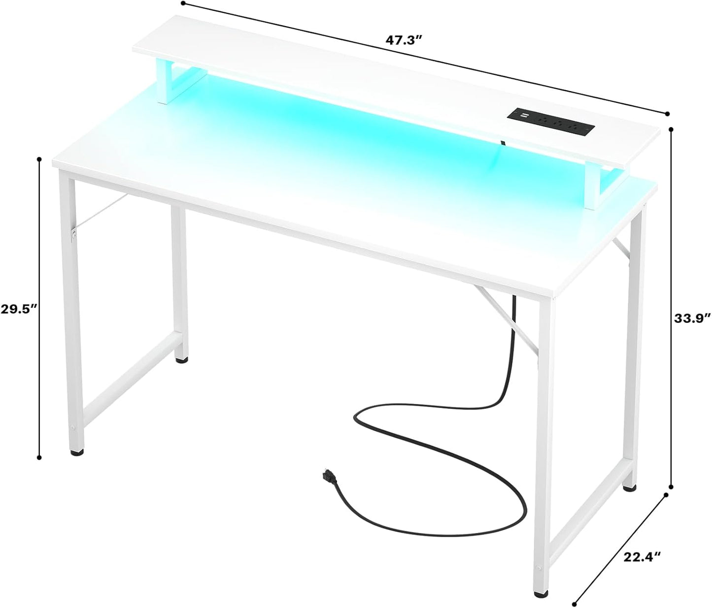 Computer Desk with USB Power Outlets and LED Lights, 47 inch Gaming Desk with Monitor Stand for Small Space Home Office, Modern Simple Study Writing Table PC Desks, White