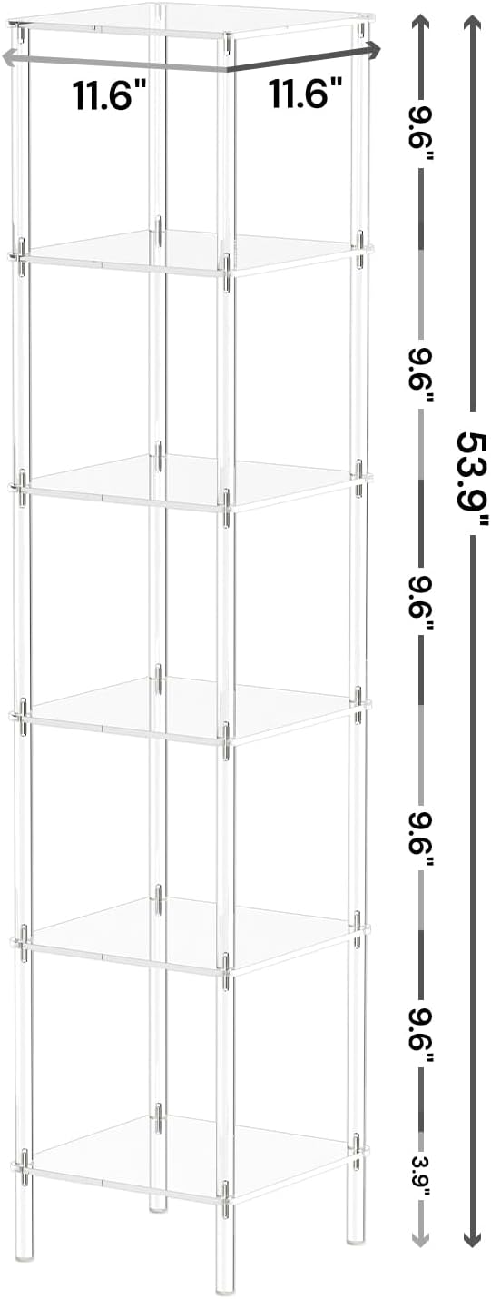 6 Tier Square Acrylic Bookshelf, Small Bookcase with Acrylic Fittings for Fixing to Wall, Corner Display Shelf for Living Room, Bedroom, Bathroom, Small Spaces, Clear, 11.6'' W x 53.9'' H