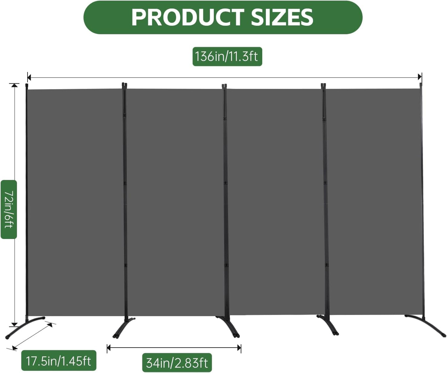 YASRKML Room Divider Folding Privacy Screens, Portable Room Divider Panel 4 Panel Partition Room Dividers Screen, Freestanding Room Partitions and Dividers Fabric Dividers for Room Separation, Grey
