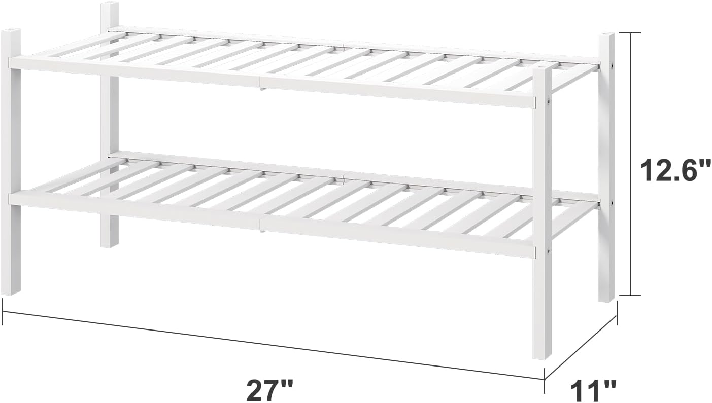 White Shoe Rack for Entryway, 2 Tier Shoe Organizer for Hallway Closet, Bamboo Wood Shoe Racks for Indoor Outdoor (White, 2-Tier)