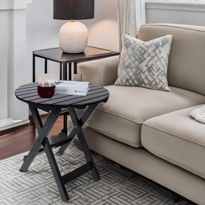 Outdoor Patio Side Table Set of 2 Small Folding Wood Round End Table Coffee Furniture for Living Room, Bedroom, Plant Stand, Camping Portable Black