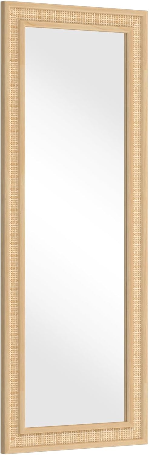 Rattan Wall Mirror with Wooden Framed 18 X 48 inch Farmhouse Rectangle Wood Mirror for Modern Decorative Bathroom, Living Room, Entryway, Bedroom
