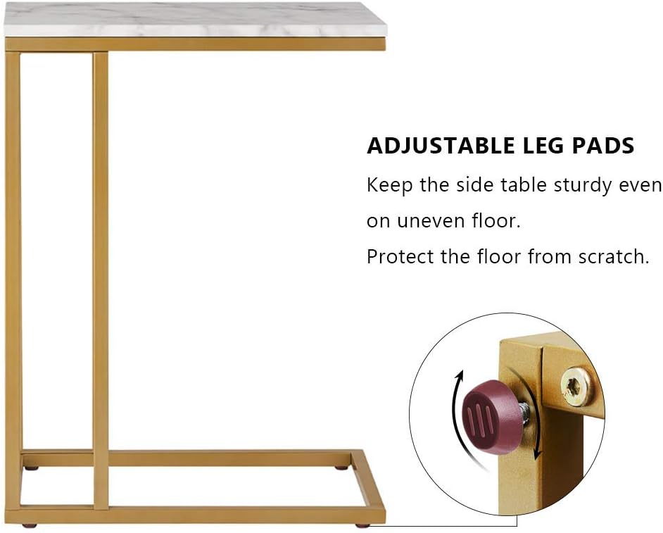 C-Shape Side End Table, Faux Marble Tray Snack Table with Metal Frame, Laptop Coffee Holder, Modern Furniture (Gold,1pcs)