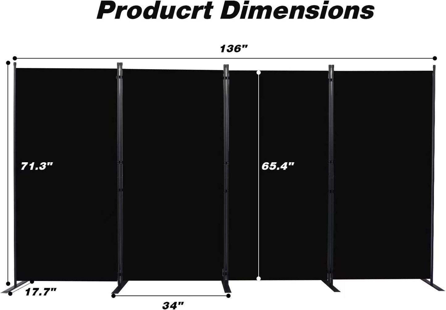 Room Divider, 4 Panel Folding Privacy Screens with Wider Support Feet, 6 Ft Portable Room Partition for Room Separator, 136" W X 71" H, Black