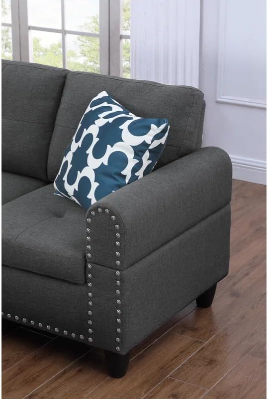 Ball & Cast 98" L Shaped Modular Sectional Couch for Living Room,4 Seat Linen Upholstered Sectional Sofa Set 2 PCS with Chaise,Coffee Table,Cup Holder,Pillows & Nailhead Trim for Home,Office,Dark Gray