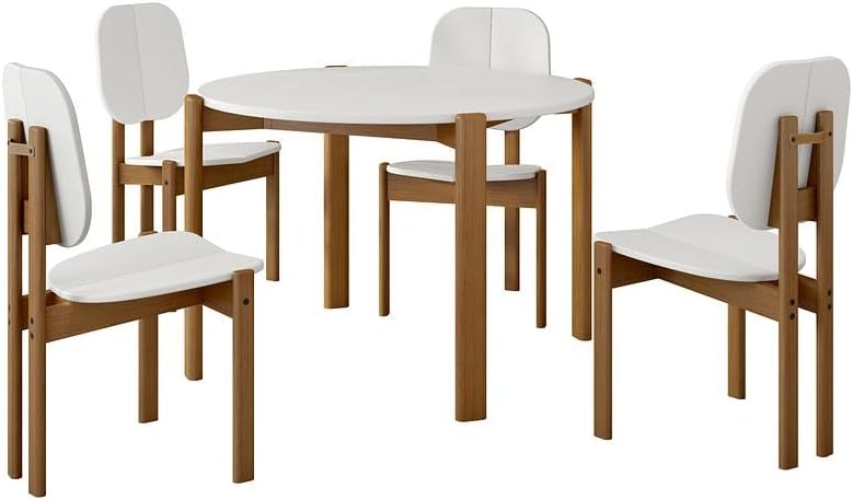 Manhattan Comfort Mid-Century Modern Gales Round 46.54 Dining Table with Solid Wood Legs in White - Set of 5