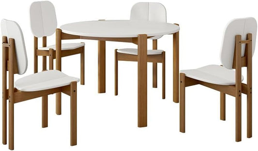 Manhattan Comfort Mid-Century Modern Gales Round 46.54 Dining Table with Solid Wood Legs in White - Set of 5