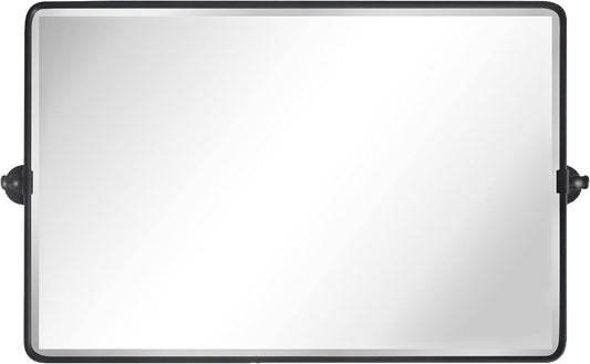 TEHOME 24x38 Horizontal Pivot Bathroom Mirror Tilting Black Metal Framed Pivot Rectangle Bathroom Mirror Rounded Rectangluar Tilting Beveled Vanity Mirrors for Wall
