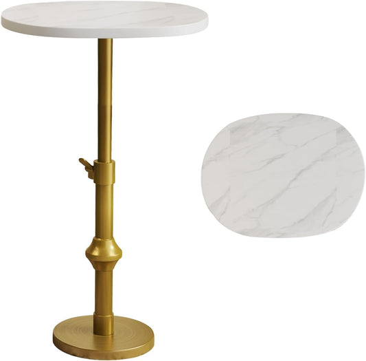 Marble Drink Table, 10"x12"x(22“~30") Martini Table with Metal Antique Brass Adjustable Stand Base, Drink Tables for Small Spaces, Living Room, Bedroom, Or Office (White)
