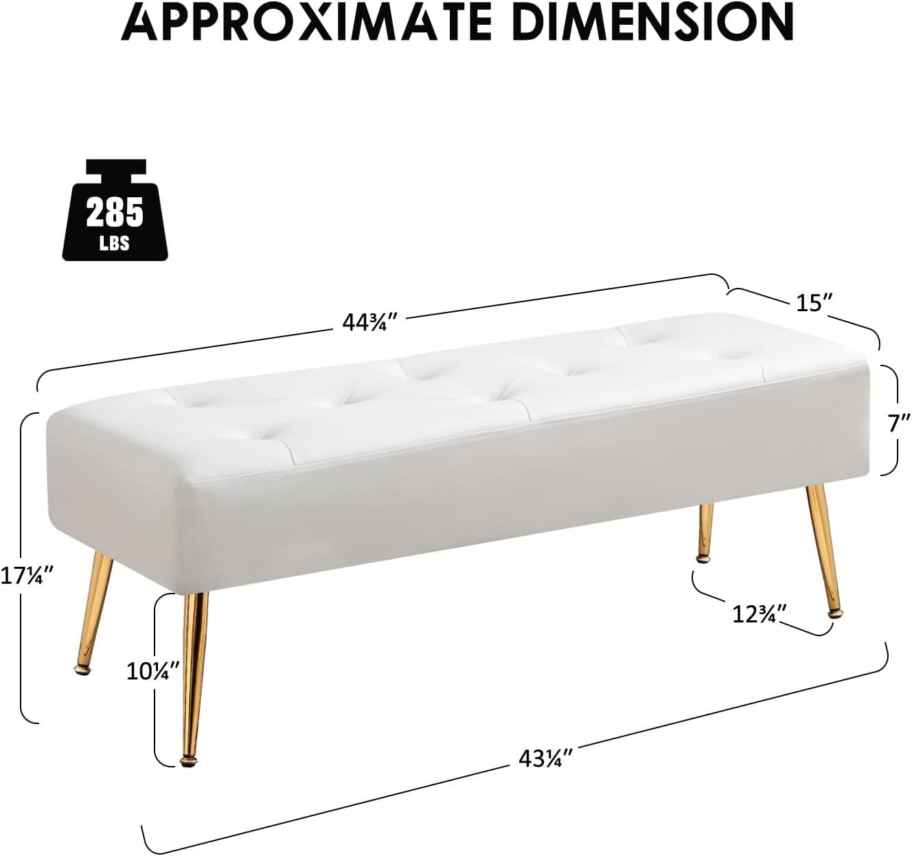 Furniliving Modern PU Leather Benches, Upholstered Tufted Leather Bedroom Ottoman 44" Ottoman Bench with X-Shaped Metal Legs for Makeup Room, Solid Bed Bench for Foyer, IvoryWhite