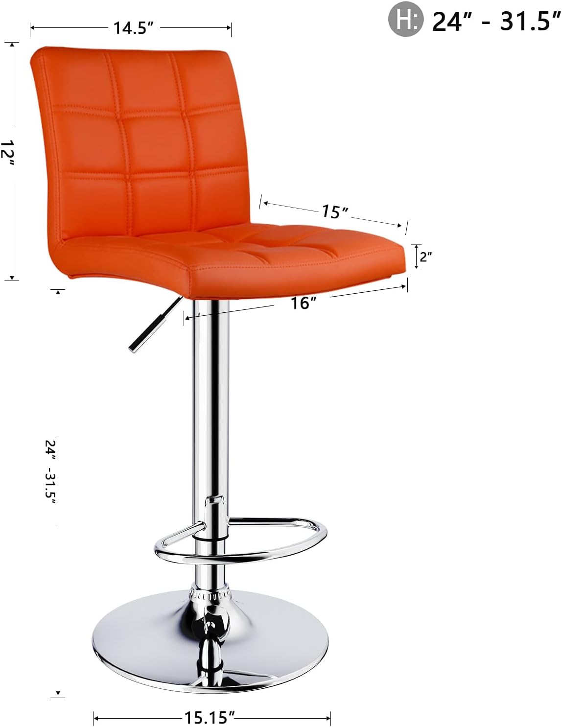 Modern Square PU Leather Adjustable Bar Stools with Back, Set of 2, Counter Height Swivel Stool by Leopard (Orange)