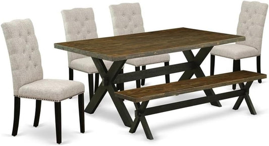 East West Furniture X677EL635-6 6 Piece Dining Room Set Contains a Rectangle Dining Table with X-Legs and 4 Doeskin Linen Fabric Parson Chairs with a Bench, 40x72 Inch, Multi-Color