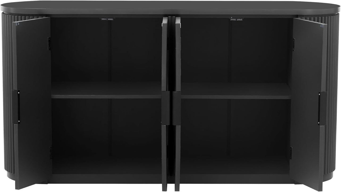 Merax 63" Large Sideboard, Vertical Striped Storage Cabinet with 4 Door, Metal Handles, Adjustable Shelf, Suitable for Study, Entryway and Living Room, Black