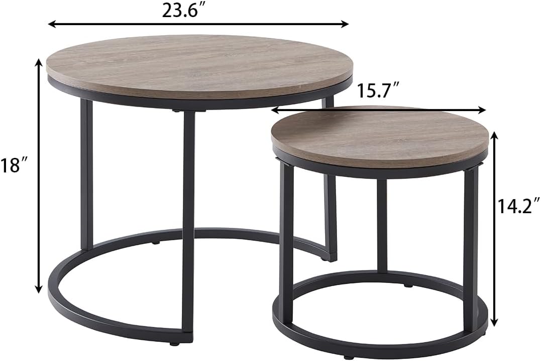 CENSI 24" Round Nesting Table, Accent Coffee Table, French Oak Grey Wood Finish, Space-Saving, Modern Industrial Style