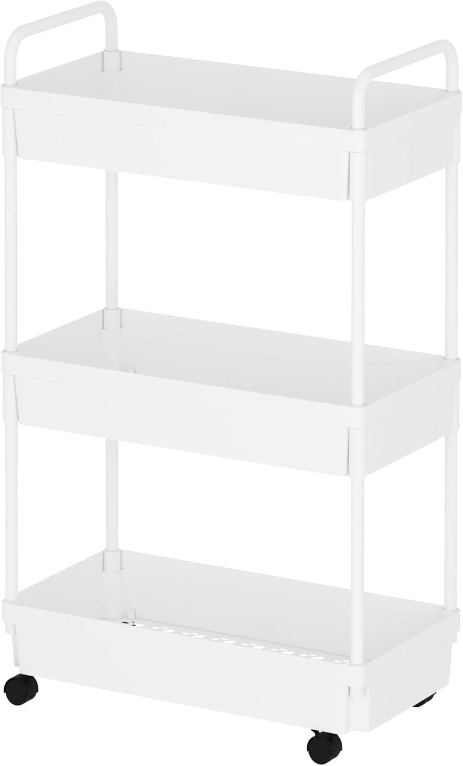 3-Tier Storage Cart，Shelf Organizer Mobile Shelving ，Utility Rolling Cart，Multifunction Movable Storage Organizer with Lockable Wheels,White