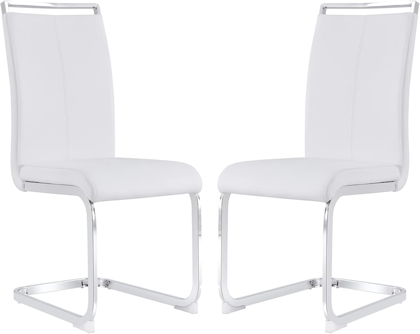 Dining Chairs Set, Kitchen Modern Metal Chairs with Faux Leather Padded Seat High Back and Sturdy Chrome Legs, Chairs for Dining Room (White, Set of 2)
