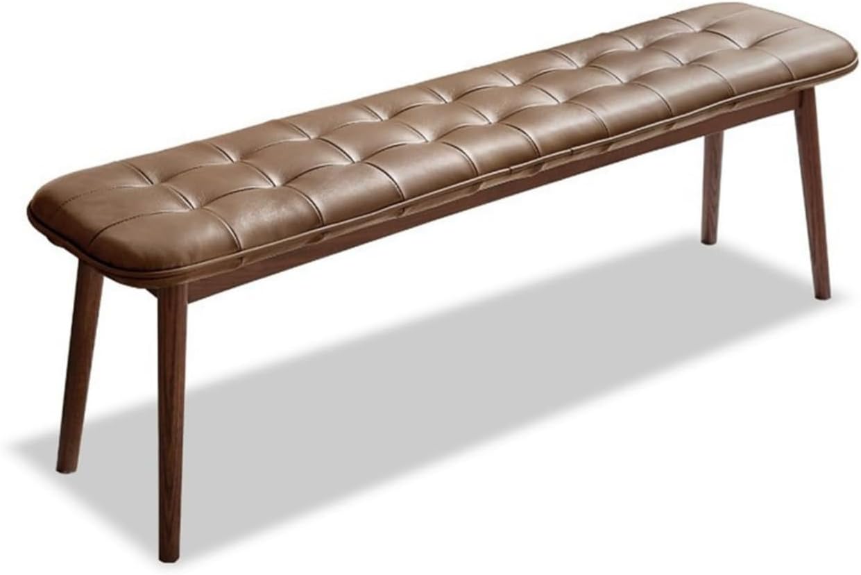 Upholstered Bench, 51.18 in Natural Oak Wood for Dining Table Bench for Living Room with Leather Cushion, End of Bed Footrest Stool Brown