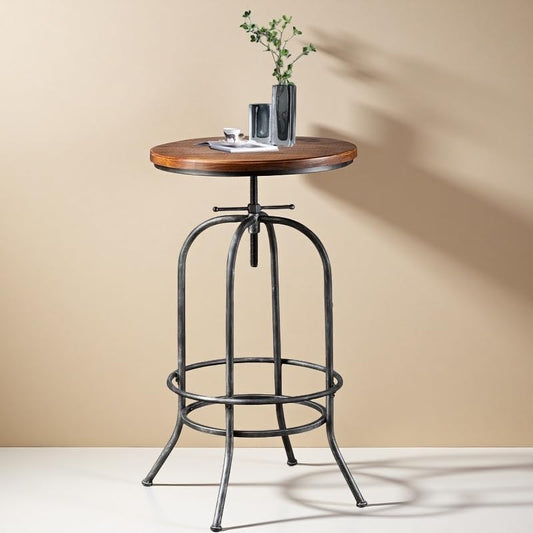 Rustic Bar Table Vintage Bistro Table Industrial Pub Table for Kitchen Coffee House Office Computer Desk Swivel Round Wooden Top 37.4-45.3inch Height Adjustable