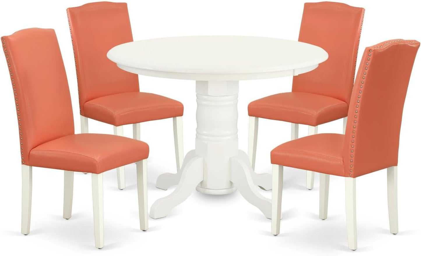 East West Furniture SHEN5-LWH-78 5 Piece Dining Room Furniture Set Includes a Round Kitchen Table with Pedestal and 4 Pink Flamingo Faux Leather Parson Dining Chairs, 42x42 Inch, Linen White