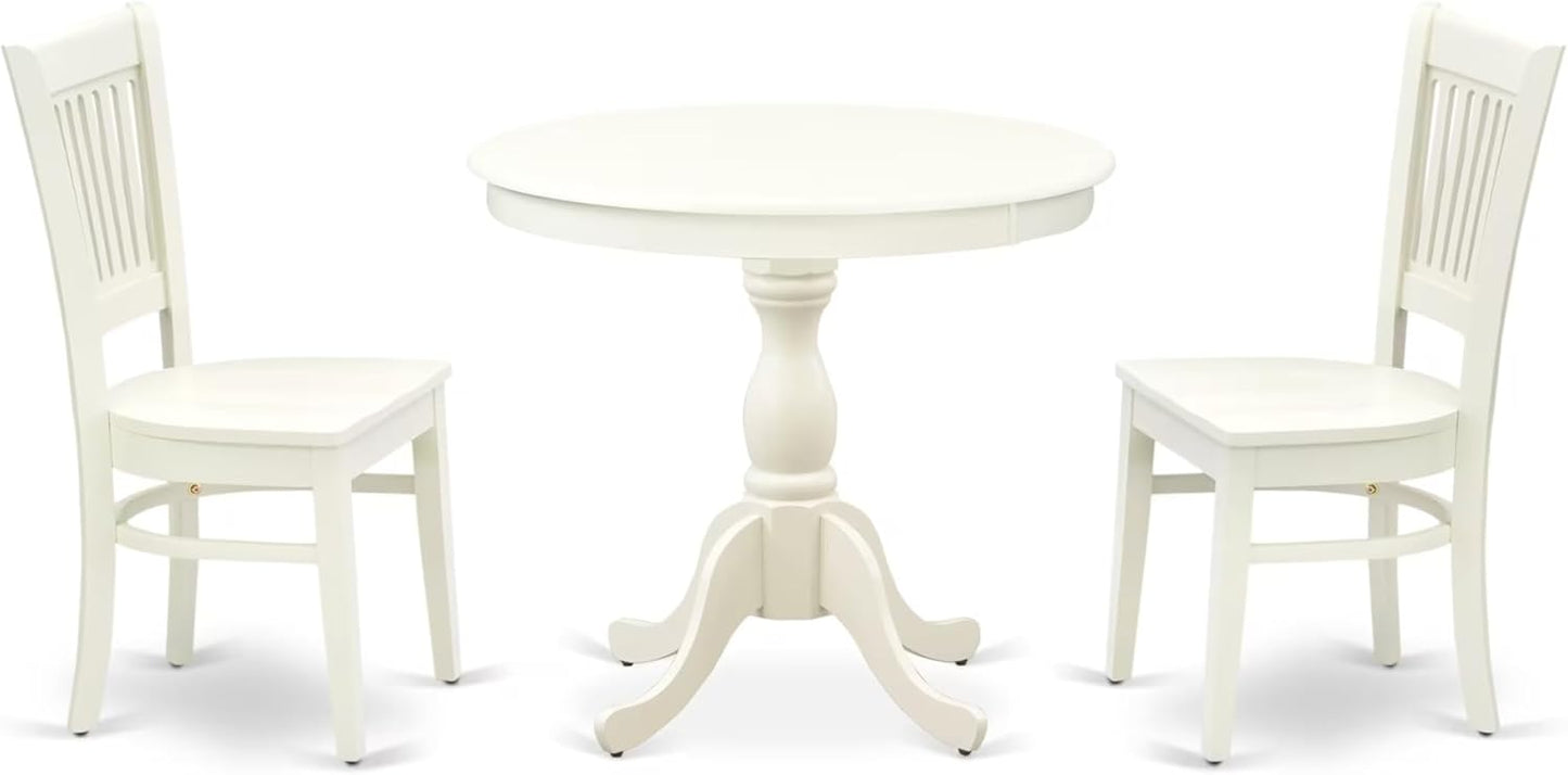 East West Furniture AMVA3-LWH-W 3 Piece Kitchen Table Set for Small Spaces Contains a Round Dining Room Table with Pedestal and 2 Dining Chairs, 36x36 Inch, Linen White