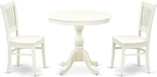 East West Furniture AMVA3-LWH-W 3 Piece Kitchen Table Set for Small Spaces Contains a Round Dining Room Table with Pedestal and 2 Dining Chairs, 36x36 Inch, Linen White